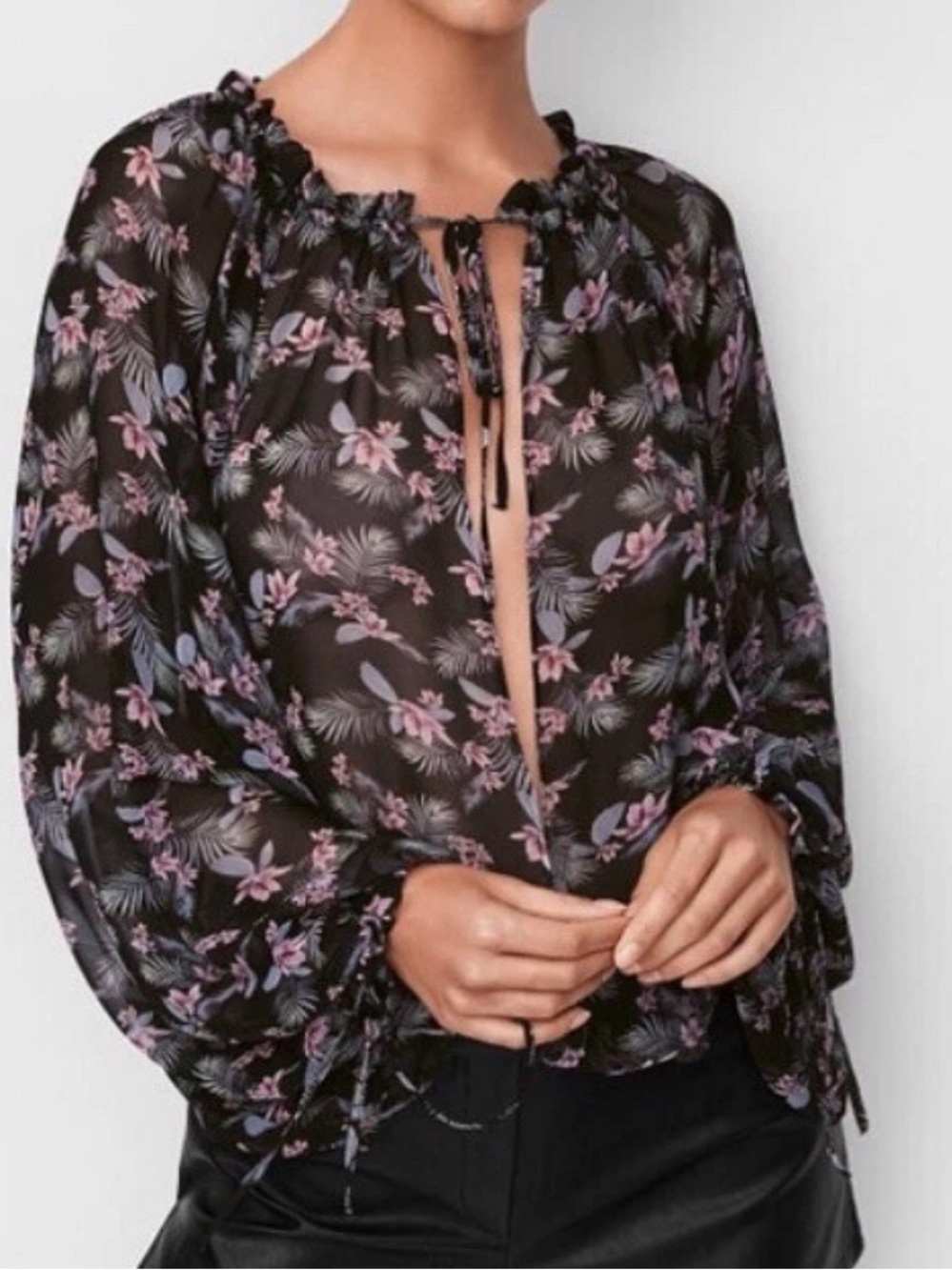 NWT Victoria's Secret Black Sheer Floral Blouse Bodysuit with Pink Flowers Small